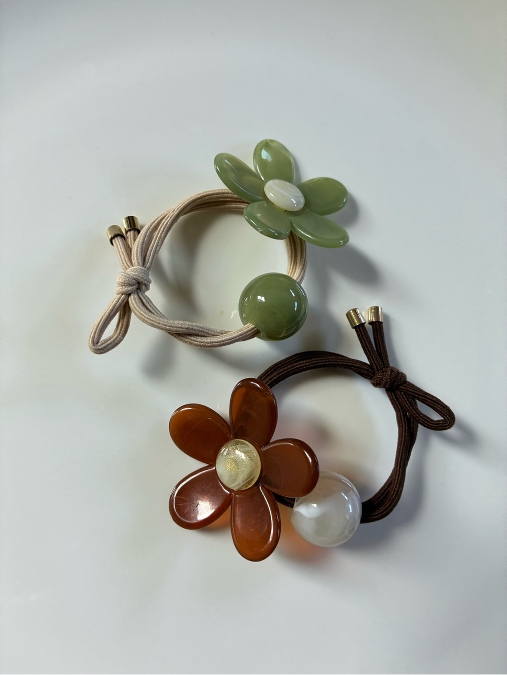 Flower Charm Elastic Hair Tie Set - Brown and Green